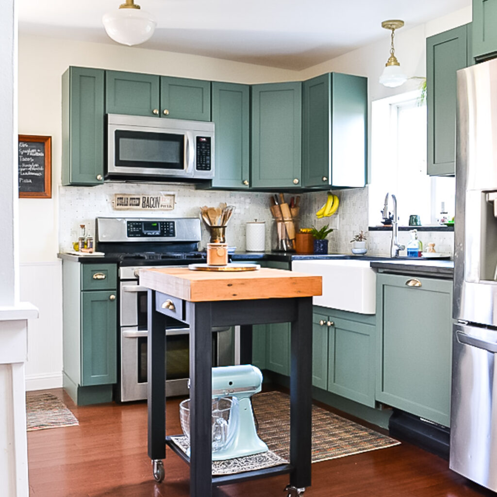 green-kitchen-cabinets-painted-with-behr-alkyd-enamel-paint